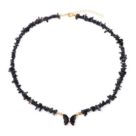 Collier papillon et pierre naturelle - noir