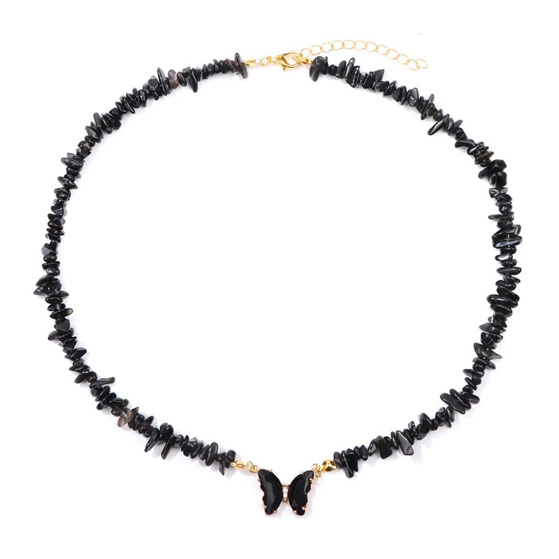 Collier papillon et pierre naturelle - noir