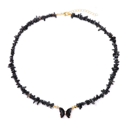 Collier papillon et pierre naturelle - noir