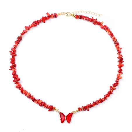 Collier papillon et pierre naturelle -   rouge