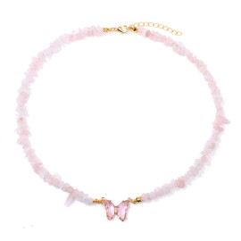 Collier papillon et pierre naturelle - rose