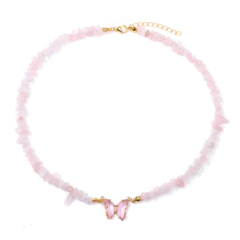 Collier papillon et pierre naturelle - rose