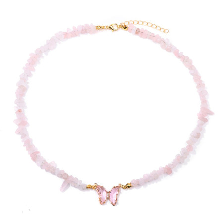 Collier papillon et pierre naturelle - rose