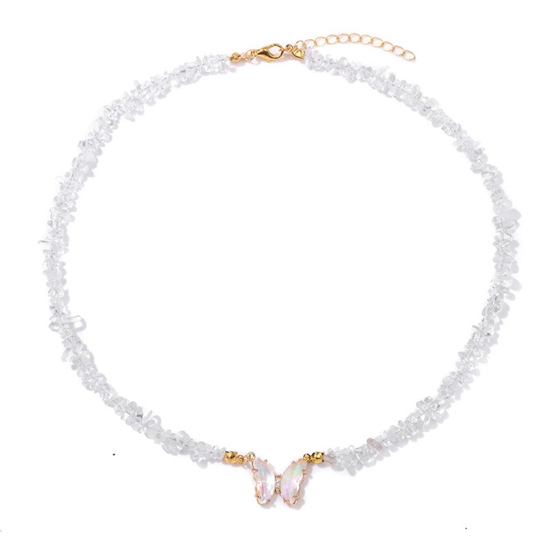 Collier papillon et pierre naturelle -blanc