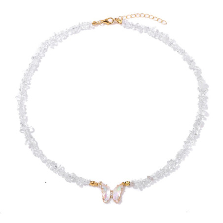 Collier papillon et pierre naturelle -blanc