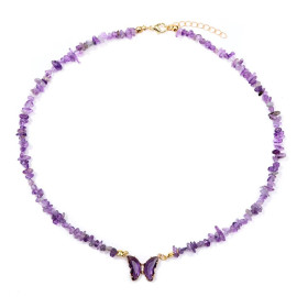Collier papillon et pierre naturelle - violet