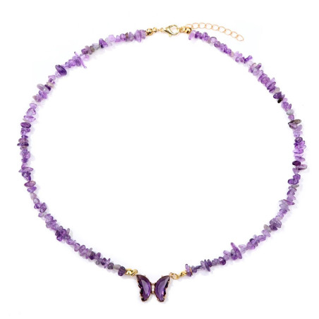 Collier papillon et pierre naturelle - violet