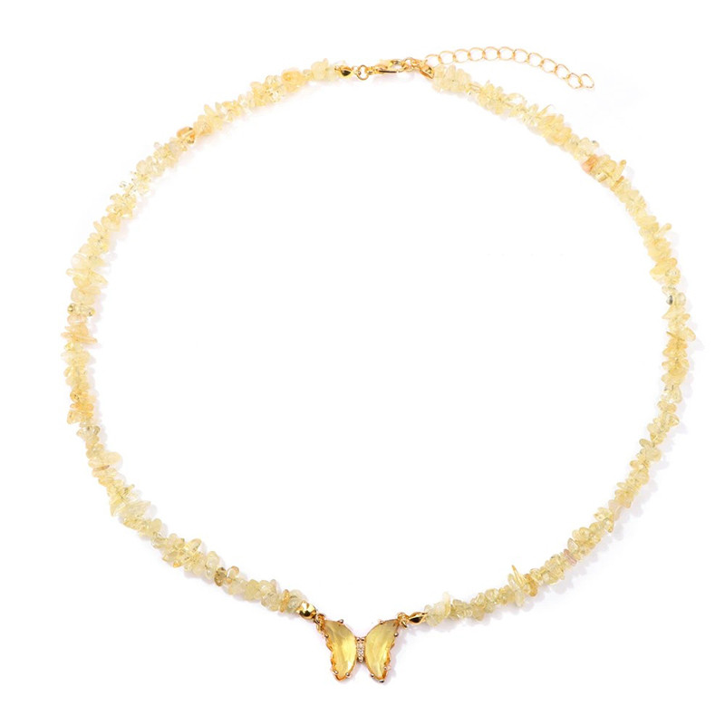 Collier papillon et pierre naturelle -jaune