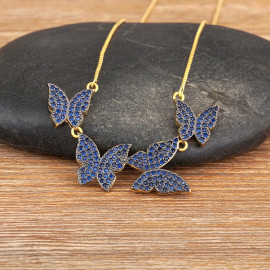 Collier papillon vol de 4 papillons strass - couleur bleu