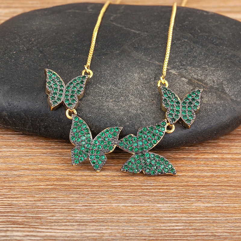 Collier papillon vol de 4 papillons strass - couleur vert