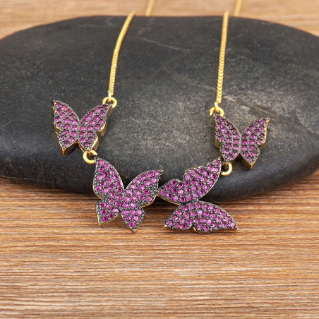 Collier papillon vol de 4 papillons strass - couleur violet