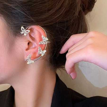 détails Boucles d'oreilles papillon - clip d'oreiles papillons plaqué or et strass