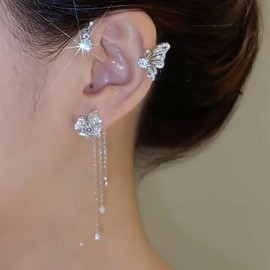 Boucles d'oreilles papillon - clip d'oreile 2 papillons strass et 3 petits pendants délicats - modèle 2