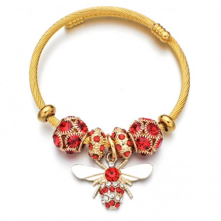 Bracelet en acier inoxydable avec perles en cristal abeille pour femme rouge