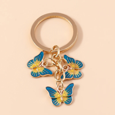 Porte-clés trois papillons en émail - couleur bleu