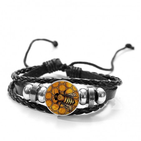 Bracelet nid d'abeille fait à la main en verre imprimé 3D en cuir pour homme modele reine des abeille