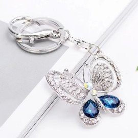 Grand porte-clés papillon en strass - couleur bleu