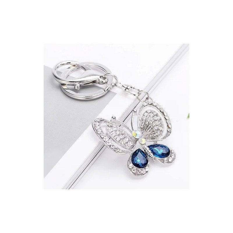 Grand porte-clés papillon en strass - couleur bleu