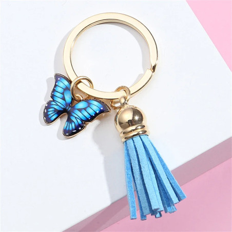Porte-clés papillon avec grand pompon et petit papillon - couleur bleu