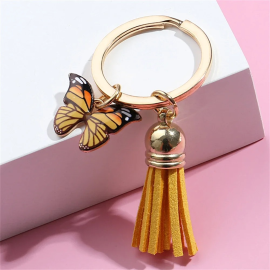 Porte-clés papillon avec grand pompon et petit papillon - couleur jaune