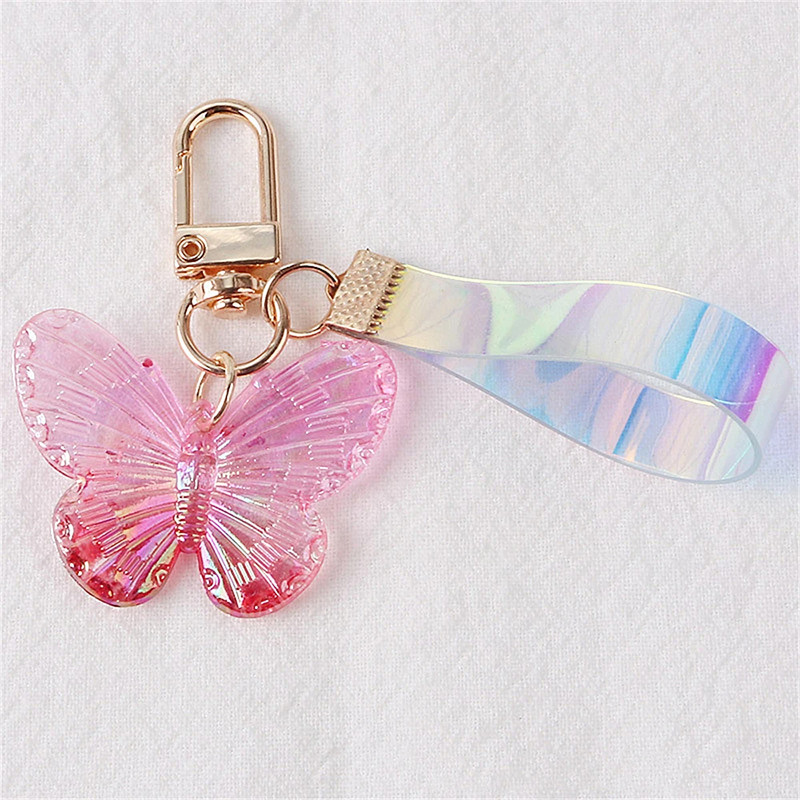 Porte-clés papillon en acrylique avec dragonne - couleur rose