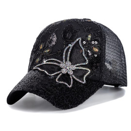 Casquette de baseball avec Grand Papillon Strass et Fleurs - Couleur Noir