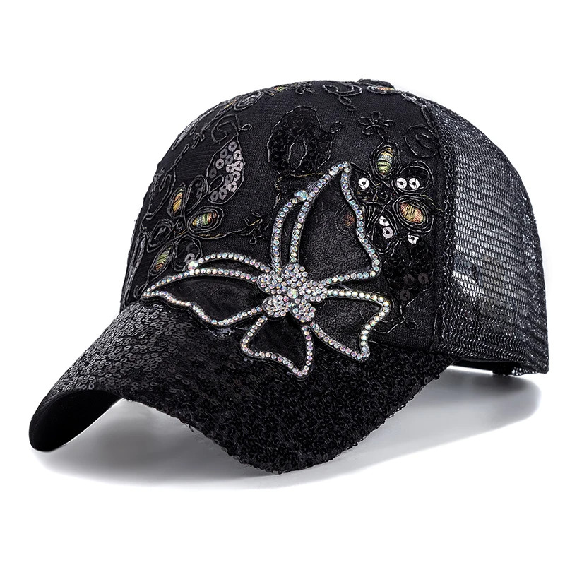 Casquette de baseball avec Grand Papillon Strass et Fleurs - Couleur Noir