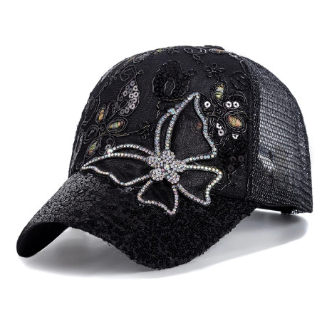 Casquette de baseball avec Grand Papillon Strass et Fleurs - Couleur Noir