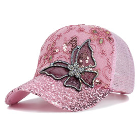Casquette de baseball avec Grand Papillon Strass et Fleurs - Couleur Rose