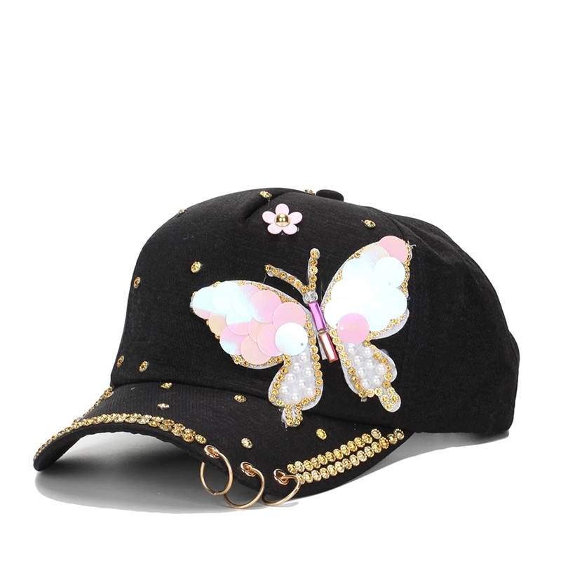Casquette Papillon Strass Cristaux à visière cloutée - Couleur Noir