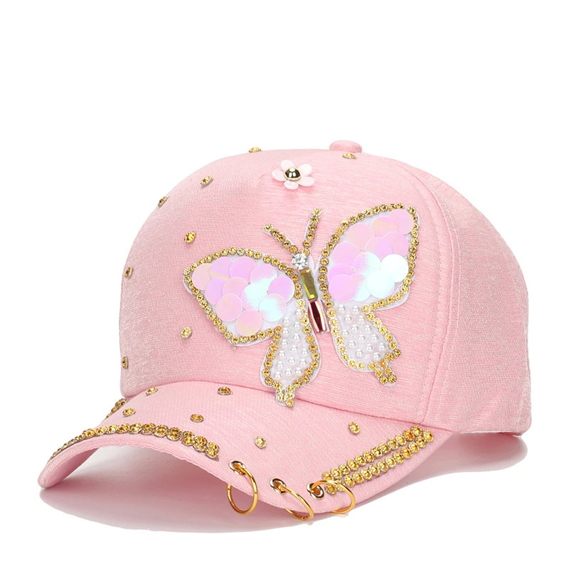 Casquette Papillon Strass Cristaux à visière cloutée - Couleur Rose