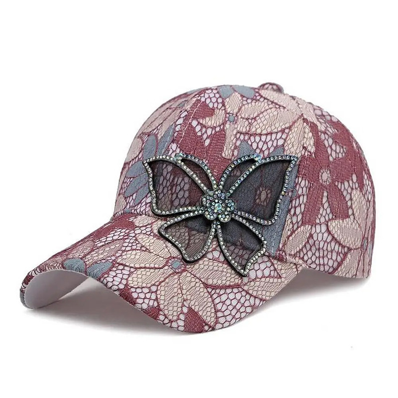 Casquette Papillonl brodée de Fleurs et de Papillons en dentelle et Stra - Couleur Rouge
