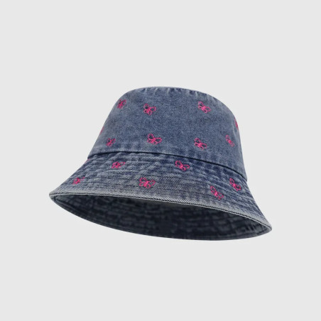 Bob Papillon en Denim avec Papillons Brodés - Couleur Bleu
