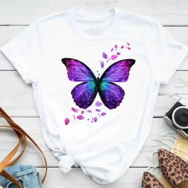 T-shirt Grand Papillon Floral Violet Blanc