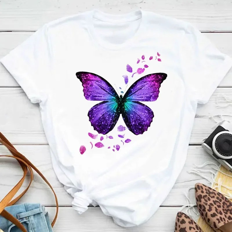 T-shirt Grand Papillon Floral Violet Blanc