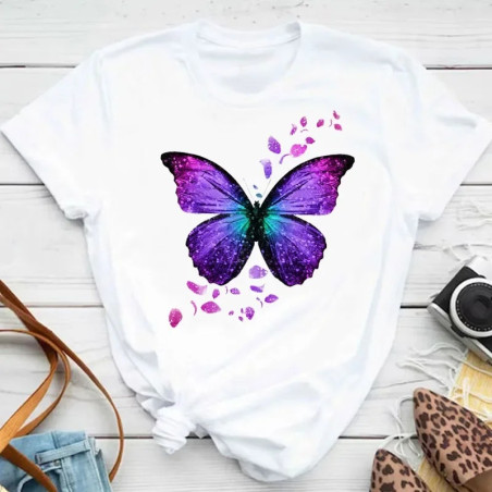 T-shirt Grand Papillon Floral Violet Blanc