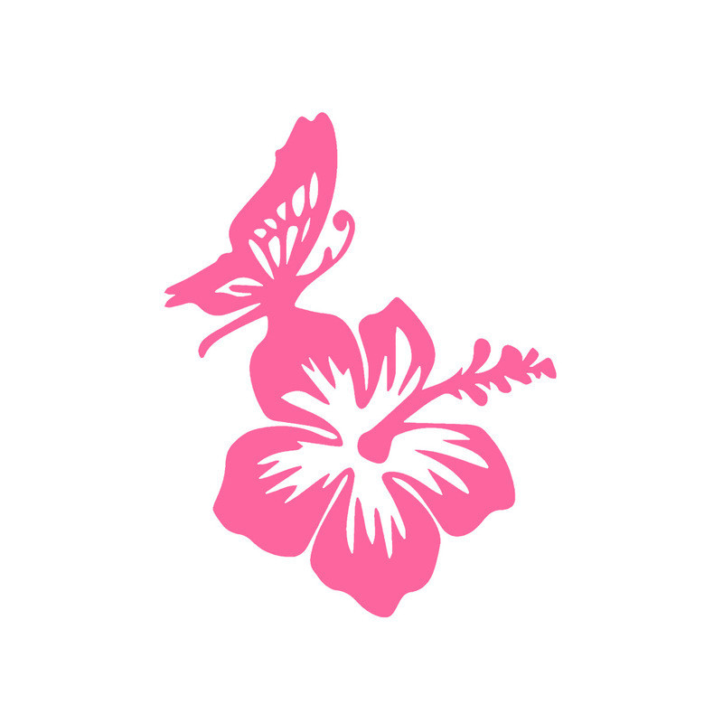 Sticker Papillon et Hibiscus en Vinyle Rose