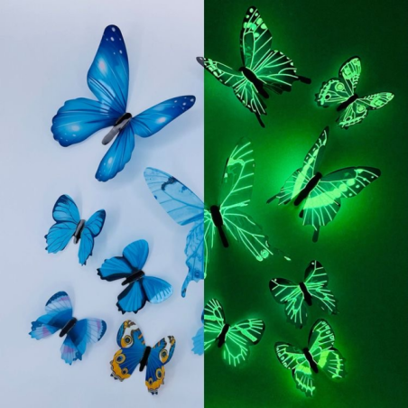 Sticker Mural Papillon 3D Fluorescents dans le noir couleur Bleu