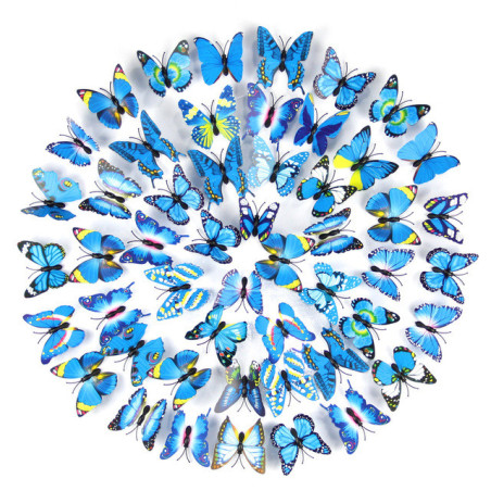 Lot de 100 pièces d'Autocollants Mural Papillons Floral 3D Colorés - Bleu