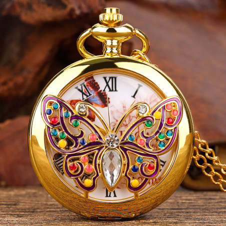 Vue complète de la Montre de Poche Rétro à Quartz Papillon - 38 cm de longueur de chaîne