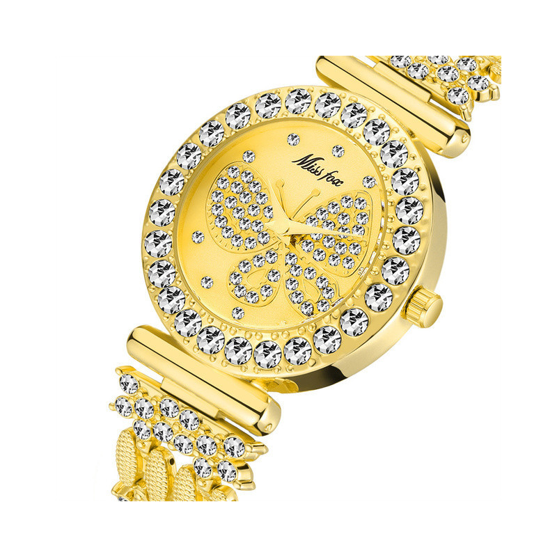 Montres Papillon Strass à Quartz étanche pour femmes en acier inoxydable couleur or
