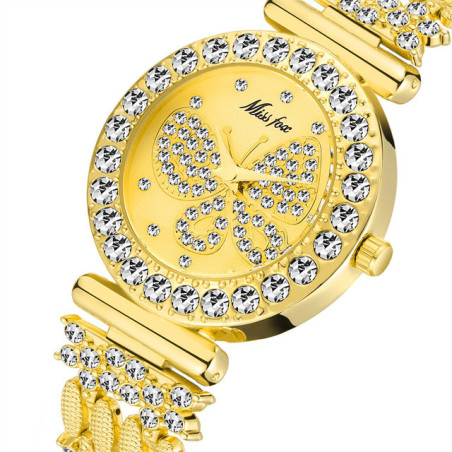 Montres Papillon Strass à Quartz étanche pour femmes en acier inoxydable couleur or
