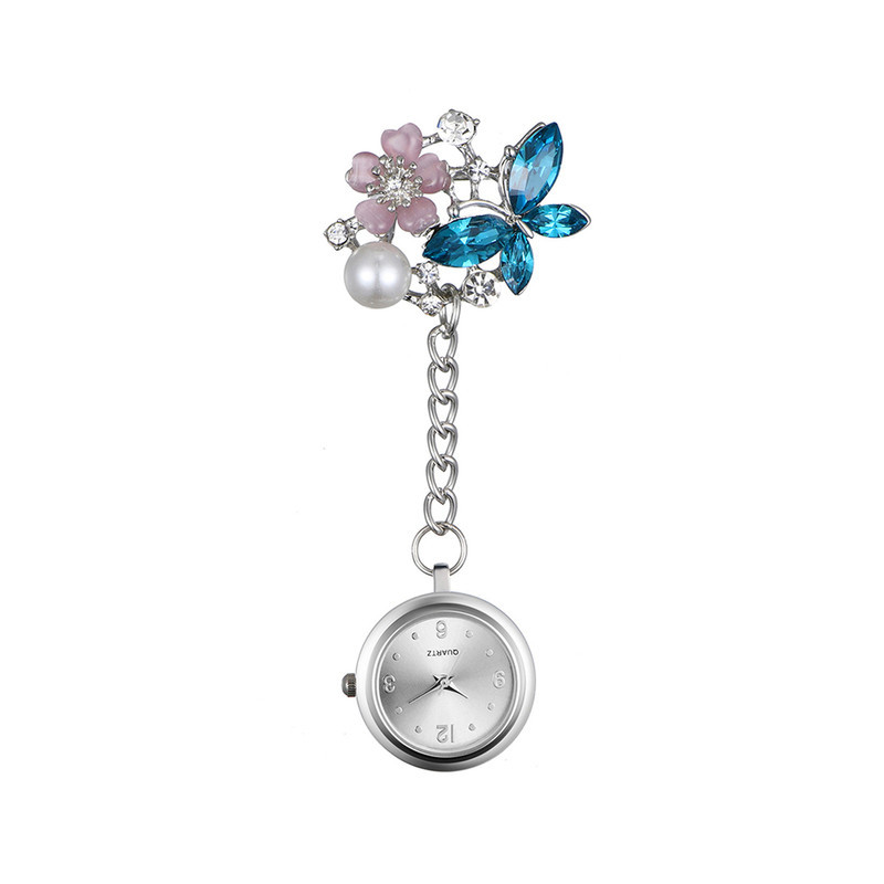 Montre de Poche pour Infirmières à Quartz avec pendentif papillon en cristal couleur bleu