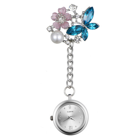 Montre de Poche pour Infirmières à Quartz avec pendentif papillon en cristal couleur bleu