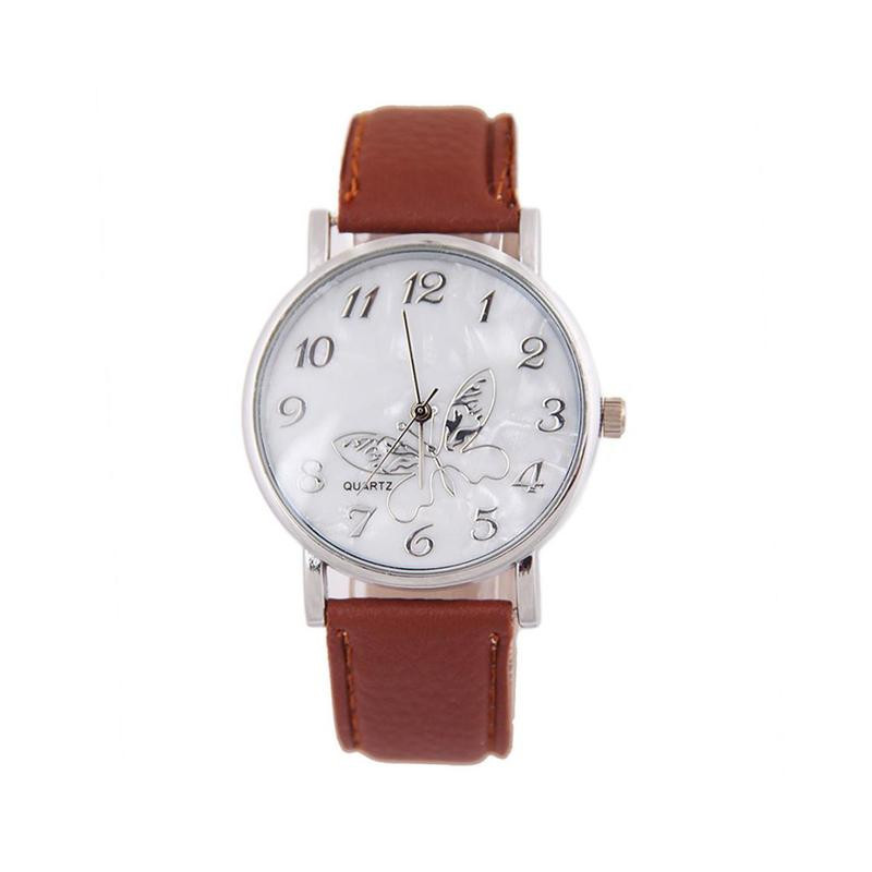 Montre Papillon élégant à Quartz avec bracelet en cuir pour femmes  couleur marron