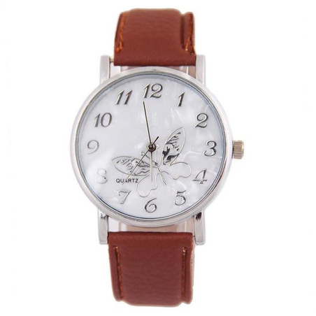 Montre Papillon élégant à Quartz avec bracelet en cuir pour femmes  couleur marron