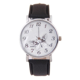 Montre Papillon élégant à Quartz avec bracelet en cuir pour femmes  couleur noir