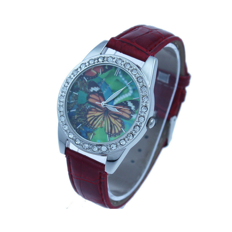 Montre Papillon Cadran Strass Grand Papillon avec bracelet en cuir couleur Rouge