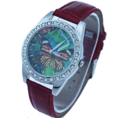 Montre Papillon Cadran Strass Grand Papillon avec bracelet en cuir couleur Rouge
