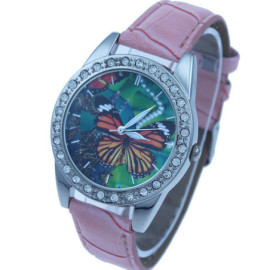 Montre Papillon Cadran Strass Grand Papillon avec bracelet en cuir couleur rose